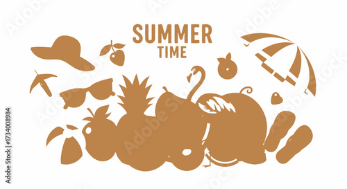 Summer time vector illustration with tropical fruits, flamingo, beach accessories and lettering, white background