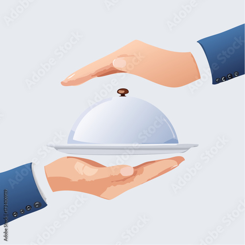White Dish with lid holding hands isolated, opened restaurant cloche, launch time promo banner concept.