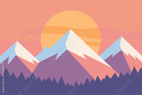 Geometric mountain range at sunset with a large sun