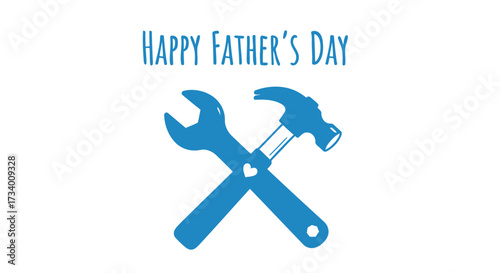 Father's Day graphic featuring a blue wrench and hammer crossed, with a heart detail, and the text "Happy Father's Day" above.