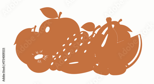 Silhouette illustration of various fruits including apples, grapes, kiwi, and watermelon, arranged together in a still life composition.