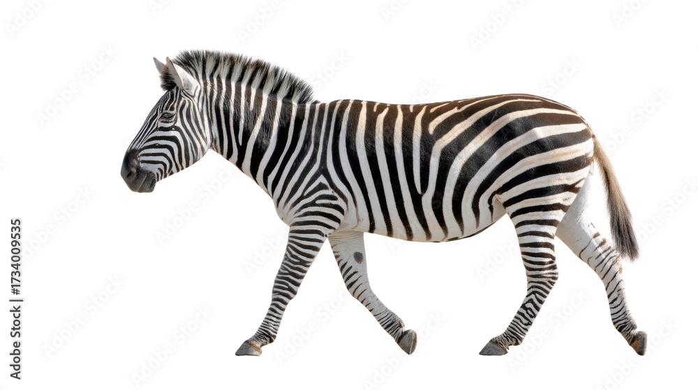 Fototapeta premium Zebra in Motion: Capturing a zebra mid-stride, the image showcases the striking pattern of black and white stripes that defines this iconic African mammal.
