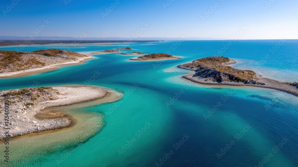 Obraz premium Aerial view of tranquil turquoise waters surrounding lush islands under a clear blue sky