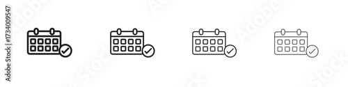Calendar check icons designed in outline, line and stroke style