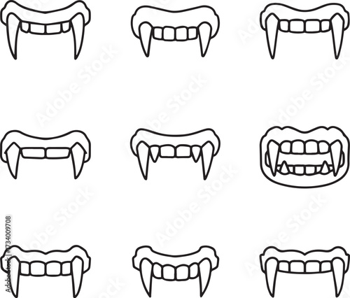 A collection of nine black and white line art icons depicting sets of vampire fangs and teeth, with pronounced, sharp canines. 