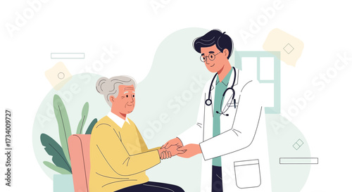 Doctor providing care and support to an elderly woman during a medical visit illustration