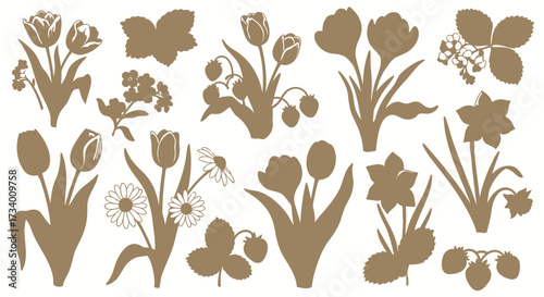 Vector illustration of a diverse collection of spring flowers, leaves, and strawberries on a white background, white background