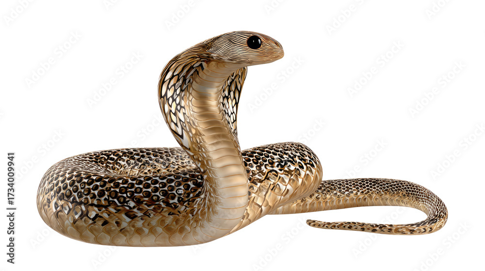 Fototapeta premium Regal Cobra Portrait: A captivating portrait of a cobra, showcasing the reptile's iconic hood, keen gaze, and the intricate patterns.