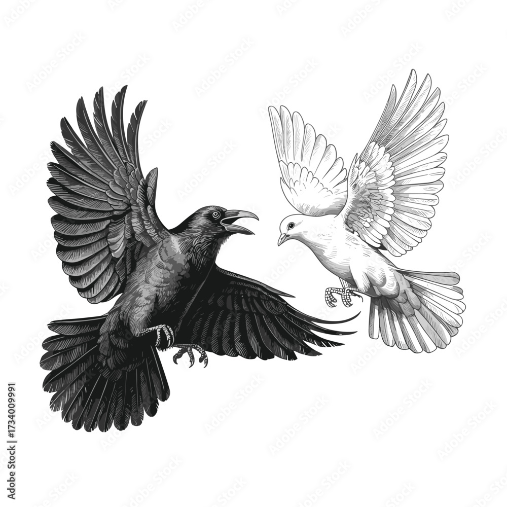 Fototapeta premium Dynamic Flight of a Raven and Dove Sketch