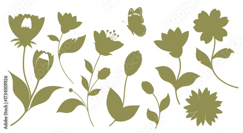 Vector illustration of colorful flowers, leaves, and a butterfly isolated on a white background, white background
