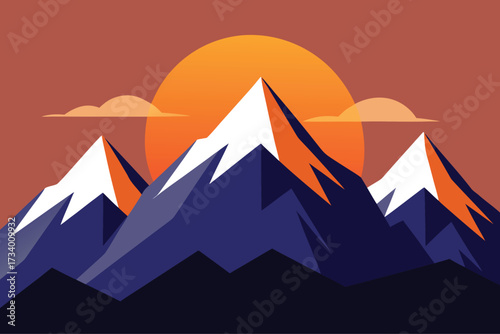 Stylized mountain range at sunset with sun and clouds