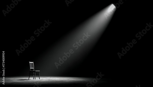Empty chair illuminated by a single spotlight on a dark stage