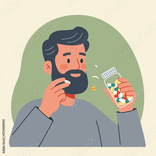 Bearded man takes a pill from a bottle of colorful capsules and tablets