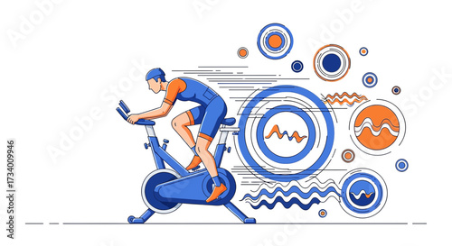Dynamic indoor cycling workout illustration with abstract speed elements and vibrant colors