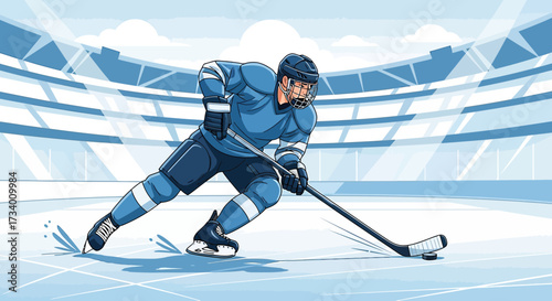 Dynamic ice hockey player in action illustration with stadium background design