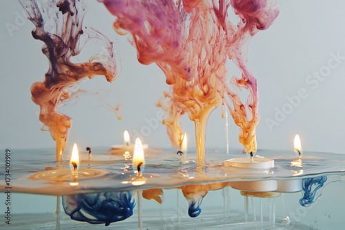 Mixing ink in clear water with candles creating vibrant patterns and captivating colors