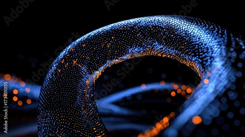 A dynamic, interconnected network of luminous points forming a swirling, abstract shape.