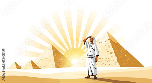 Egyptian landscape with pyramids and a man shading his eyes under the suns rays