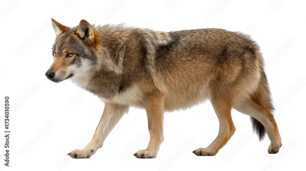 Fototapeta premium Lone Wolf's Journey: An imposing wolf strides with purpose, embodying wild freedom and solitary strength. Captured in a striking, photorealistic depiction.