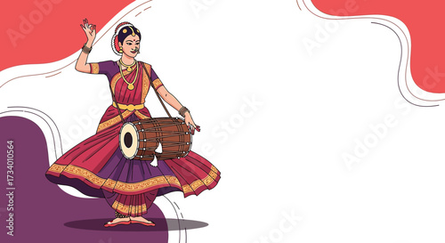 Elegant depiction of a Bharatanatyam dancer in traditional attire playing the drum