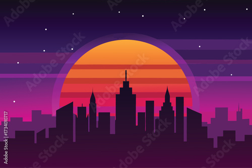 Retro cityscape silhouette against a large, colorful sunset