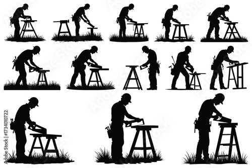 Carpenter sawing wood on sawhorses in silhouette lumber