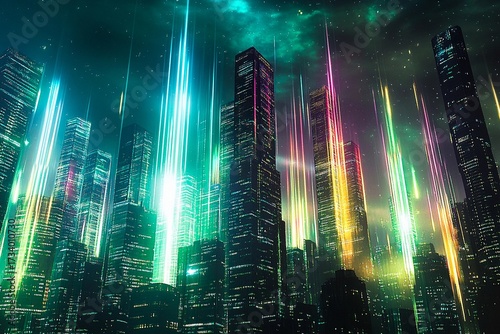 Futuristic city skyline with glowing skyscrapers illuminated at night