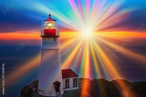 Fairy-tale lighthouse beams colorful rays at sunset by the sea with a magical atmosphere
