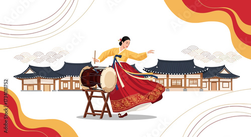 Elegant Korean Dancer in Traditional Hanbok Performing Drum Dance with Traditional Architecture