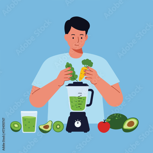 Person adding spinach and carrot to a blender with fruits