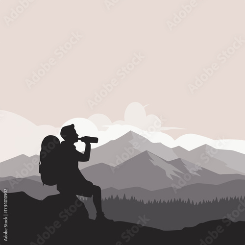 Silhouette of a backpacker drinking from a bottle while seated on a rocky peak
