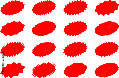 Red shopping labels collection. Sale or discount sticker. Starburst sticker set. Special offer price tag. Supermarket promotional badge. Promo stickers with star edges. Vector.