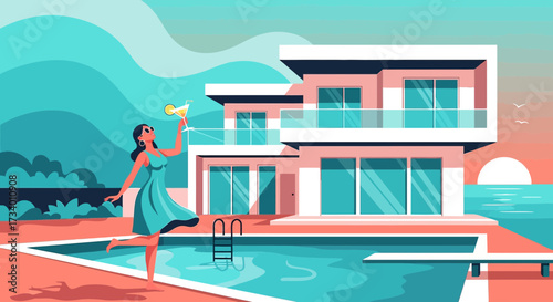 Elegant woman celebrating near a modern villa with pool and ocean view enjoying a cocktail