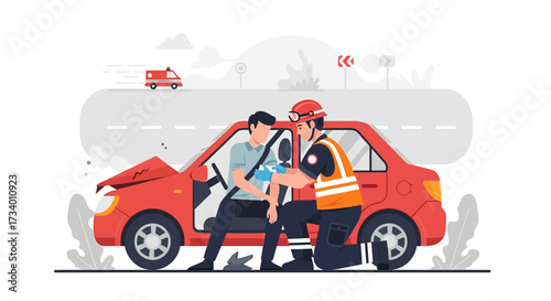 Emergency medical assistance after car crash illustration, paramedic providing first aid to an
