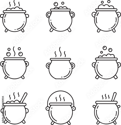 A collection of nine black and white line art icons depicting various cauldrons or cooking pots, many of which are shown bubbling and steaming with potions or stew. 