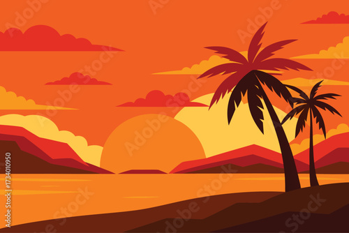 Vibrant sunset over the ocean with palm trees and distant hills