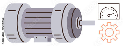Electric motor with cylindrical design, adjacent speedometer, and gear icon. Ideal for machinery, engineering, power, manufacturing, technology industry operational systems. Simple flat metaphor