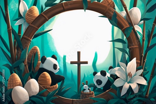 Celebrate Easter with pandas in a vibrant bamboo forest setting
