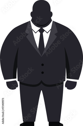 Vector illustration of a stylized, faceless, heavyset man in a dark formal suit and tie, depicted as a bouncer, bodyguard, or powerful business icon eps.