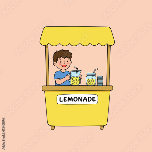 Cheerful child serves refreshing lemonade from a bright yellow stand