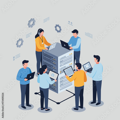 Dedicated IT professionals collaborate managing advanced server infrastructure, developing software solutions, and optimizing network security in a modern data center, vector illustration eps.