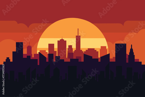 City skyline silhouette against a large, vibrant sunset sky