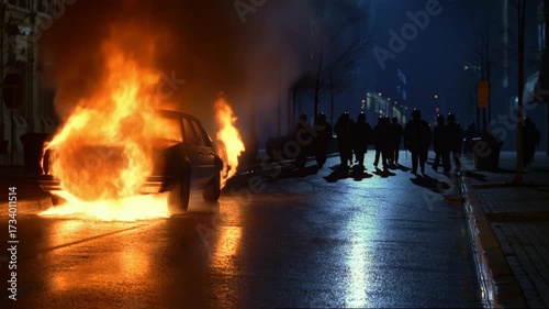 Burning car on city street at night police line stands ready, social unrest civil protest riot violence danger conflict chaos urban warzone political crisis aggression destruction rebellion