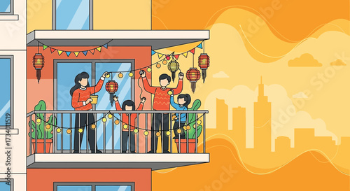 Family celebrating Lunar New Year on balcony with lanterns and decorations vector design