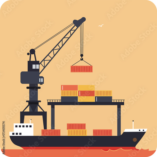 Shipping port scene with a cargo ship, loading crane, and containers, illustrating international trade, logistics, and global transport vector illustration eps