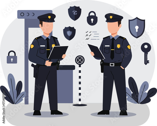 Police officers inspecting security with vector illustration, shields, lock, key, and metal detector equipment, standing in a well-lit security area for protection measures.