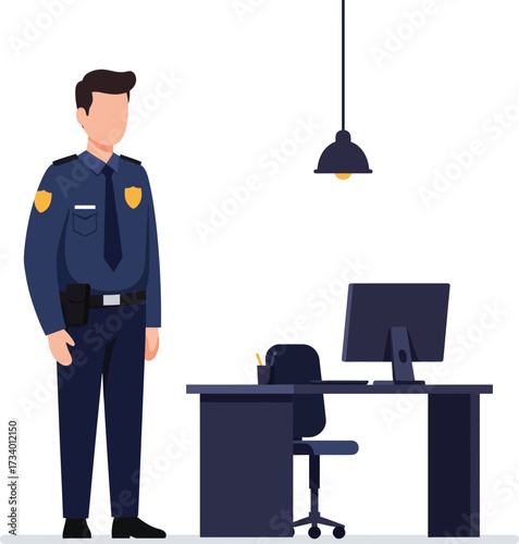 Male police officer in uniform standing professionally at a modern office desk with a computer, ensuring public safety and order in a station.