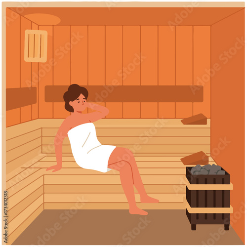 Woman relaxing in a wooden sauna, wrapped in a towel, with heated stones