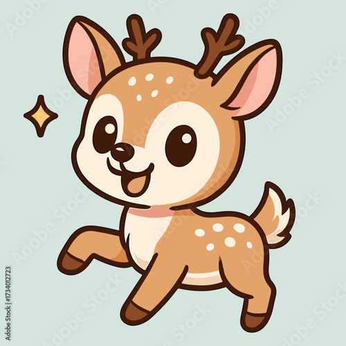 Cartoon reindeer prances joyfully with star.