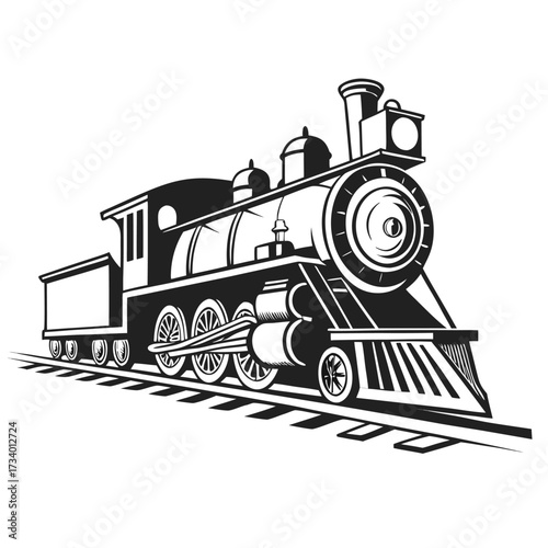Stylized black and white drawing of a historic steam locomotive on railroad tracks train railway